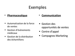 Exemples Pharmaceutique Automatisation de la force de ventes Gestion d’événements médicaux Gestion de la distribution des échantillons Communication Gestion des opportunités de ventes Centre d’appel Campagnes Marketing 