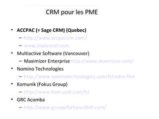 CRM pour les PME  ACCPAC (= Sage CRM) (Quebec) http://www.accpaccrm.com/ www.implanciel.com   Multiactive Software (Vancouver) Maximizer Enterprise  http://www.maximizer.com/ Nomino Technologies http://www.nominotechnologies.com/fr/index.htm Komunik (Fokus Group) http://www.kom-unik.com/fr/ GRC Acomba  http://www.groupefortune1000.com/ 