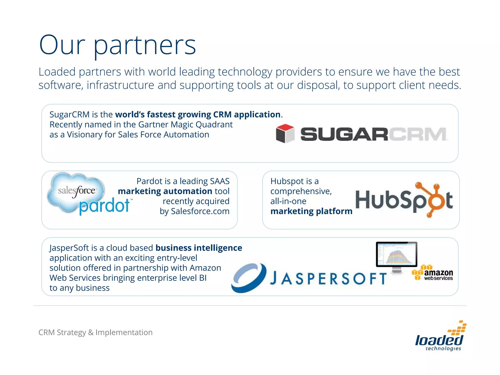 Our partners
Loaded partners with world leading technology providers to ensure we have the best
software, infrastructure and supporting tools at our disposal, to support client needs.
SugarCRM is the world’s fastest growing CRM application.
Recently named in the Gartner Magic Quadrant
as a Visionary for Sales Force Automation
Pardot is a leading SAAS
marketing automation tool
recently acquired
by Salesforce.com
Hubspot is a
comprehensive,
all-in-one
marketing platform
JasperSoft is a cloud based business intelligence
application with an exciting entry-level
solution offered in partnership with Amazon
Web Services bringing enterprise level BI
to any business
CRM Strategy & Implementation
 