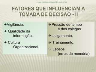 FATORES QUE INFLUENCIAM A
TOMADA DE DECISÃO - II
FENIX ESCOLA DE AVIAÇÃO CIVIL LTDA
12
Vigilância.
 Qualidade da
informação.
 Cultura
Organizacional.
Pressão de tempo
e dos colegas.
 Julgamento.
 Treinamento.
 Lapsos
(erros de memória)
 