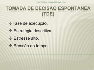TOMADA DE DECISÃO ESPONTÂNEA
(TDE)
FENIX ESCOLA DE AVIAÇÃO CIVIL LTDA
18
Fase de execução.
 Estratégia descritiva.
 Estresse alto.
 Pressão do tempo.
 