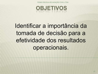 OBJETIVOS
FENIX ESCOLA DE AVIAÇÃO CIVIL LTDA
21
Identificar a importância da
tomada de decisão para a
efetividade dos resultados
operacionais.
 