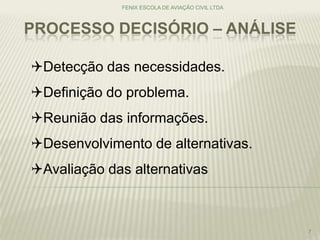 PROCESSO DECISÓRIO – ANÁLISE
FENIX ESCOLA DE AVIAÇÃO CIVIL LTDA
7
Detecção das necessidades.
Definição do problema.
Reunião das informações.
Desenvolvimento de alternativas.
Avaliação das alternativas
 