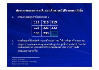 ต้องการลดระยะเวลา (R) และเพิ่มความถี่ (F) ของการสั่งซื้อ

1.     การแยกกลุ่มลูกค้าที่ลงท้ายด้วย 3

                            113    213    313
                            123    223    323
                            133    233    333

2.     การย้ายลูกค้าในกลุ่มต่างๆ มายังกลุ่มล่างขวาให้มากที่สุด หรือ กลุ่ม 333
3.     กลยุทธ์ทางการตลาดของคุณจะต้องดึงลูกค้ากลุ่มนี้กลับมาให้ใช้บริการให้
       เหมือนเดิมให้ได้ โดยอาจจะทําวิจัยเพิ่มเติมถึงสาเหตุ หรืออาจจะใช้
       แคมเปญการขายก็ได้


Areeya Sriprasert
School of Information Technology
Eastern asia University
 