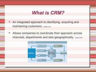 What is CRM? An integrated approach to identifying, acquiring and maintaining customers.   siebel.com Allows companies to coordinate their approach across channels, departments and also geographically.   siebel.com 