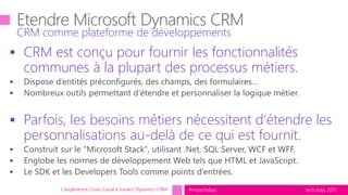tech.days 2015#mstechdays
 CRM est conçu pour fournir les fonctionnalités
communes à la plupart des processus métiers.
 Parfois, les besoins métiers nécessitent d'étendre les
personnalisations au-delà de ce qui est fournit.
CRM comme plateforme de développements
L'expérience Cross Canal à travers Dynamics CRM
 
