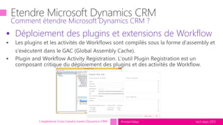 tech.days 2015#mstechdays
 Déploiement des plugins et extensions de Workflow
Comment étendre Microsoft Dynamics CRM ?
L'expérience Cross Canal à travers Dynamics CRM
 