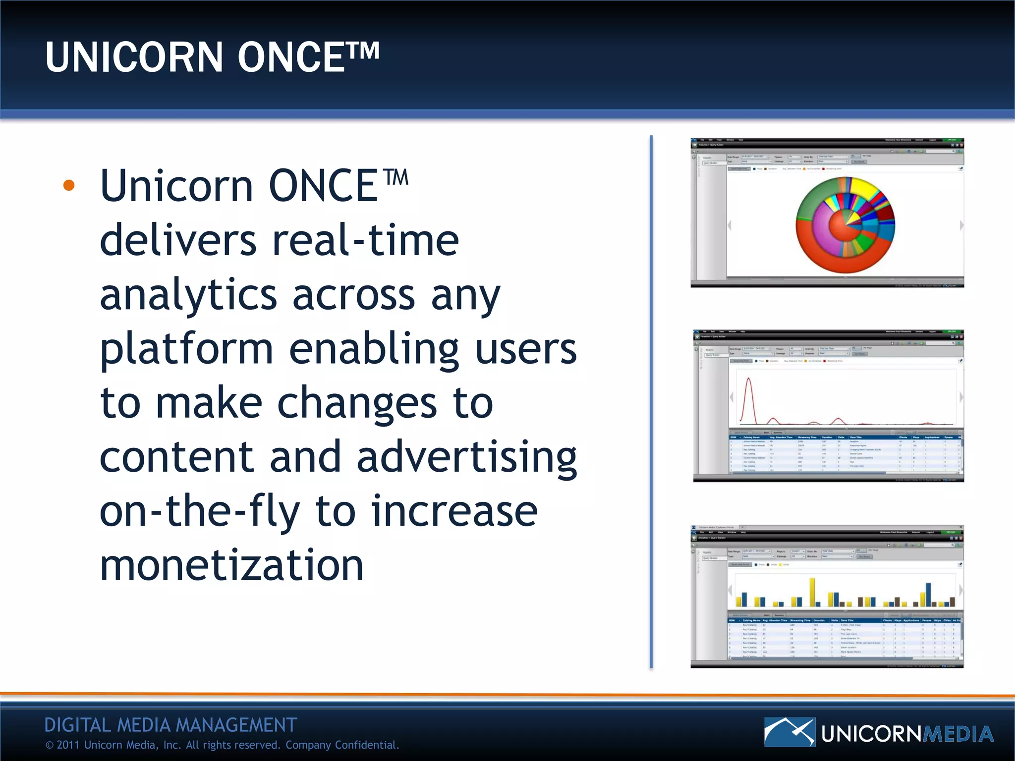 UNICORN ONCE™

   • Unicorn ONCE™
     delivers real-time
     analytics across any
     platform enabling users
     to make changes to
     content and advertising
     on-the-fly to increase
     monetization


DIGITAL MEDIA MANAGEMENT
© 2011 Unicorn Media, Inc. All rights reserved. Company Confidential.
 