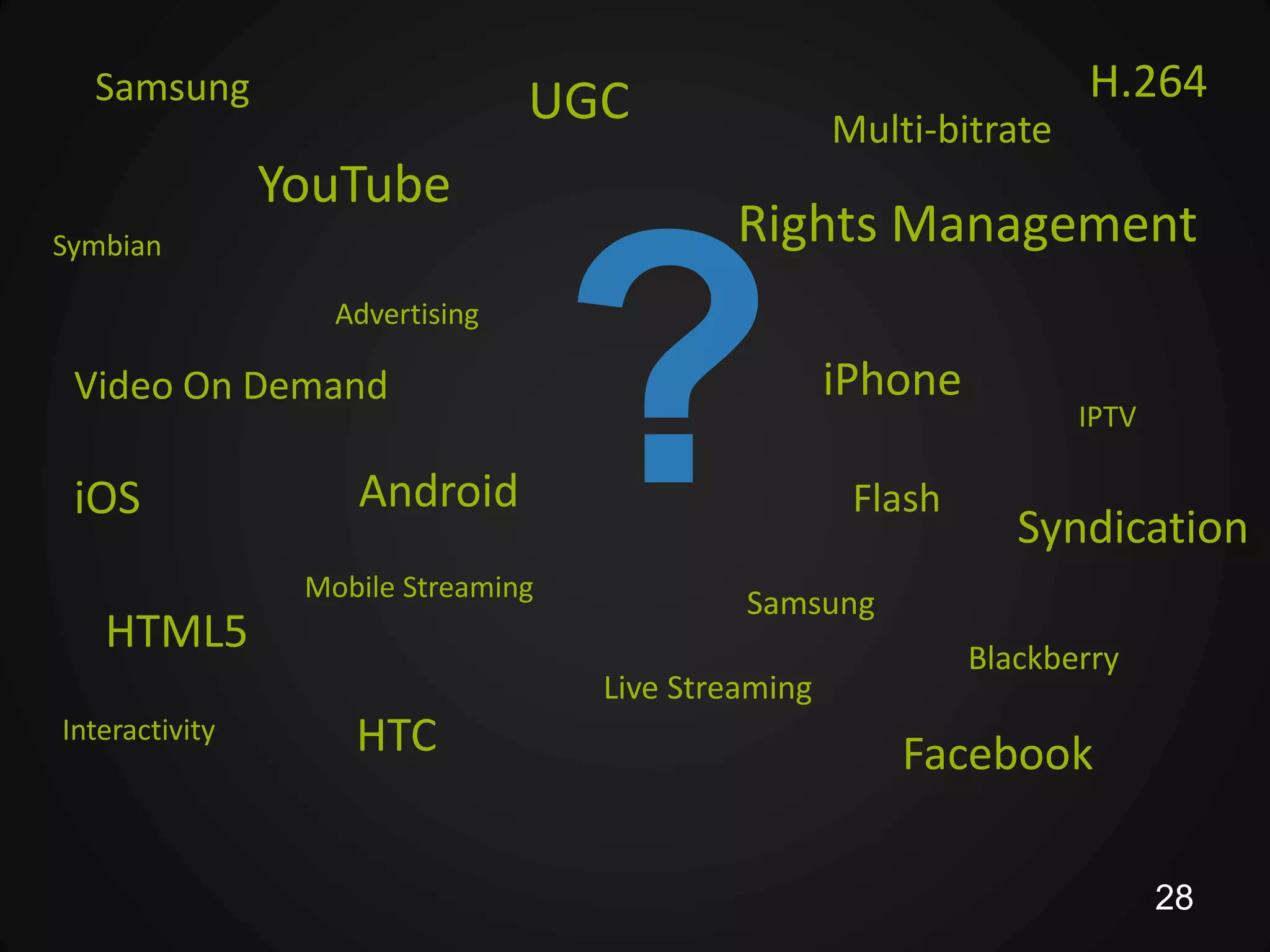 Samsung                        UGC                                  H.264
                                                     Multi-bitrate
                YouTube
                                            Rights Management



                                    ?
Symbian

                   Advertising

 Video On Demand                                     iPhone
                                                                     IPTV

 iOS                Android                           Flash
                                                                 Syndication
                 Mobile Streaming
                                             Samsung
   HTML5                                                      Blackberry
                                    Live Streaming
Interactivity       HTC                                  Facebook

                                                                            28
 