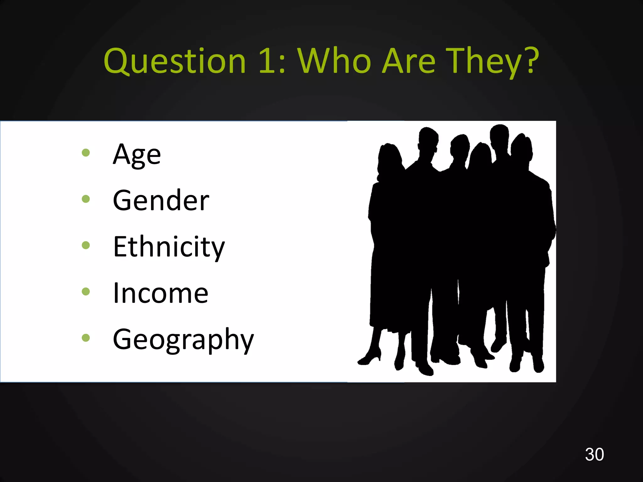 Question 1: Who Are They?

•   Age
•   Gender
•   Ethnicity
•   Income
•   Geography


                                30
 
