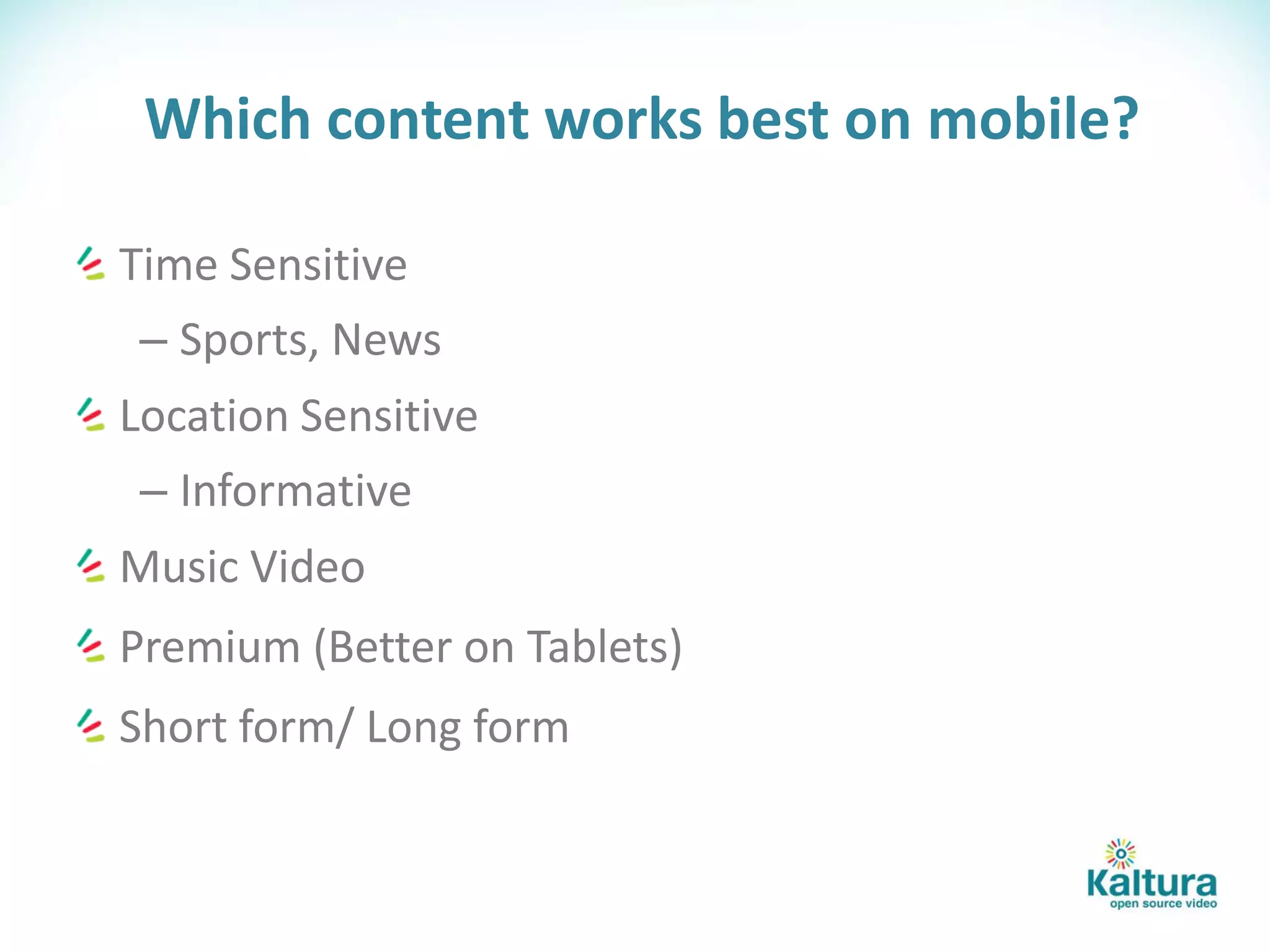 Which content works best on mobile?

Time Sensitive
 – Sports, News
Location Sensitive
 – Informative
Music Video
Premium (Better on Tablets)
Short form/ Long form
 