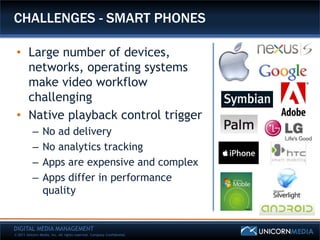 CHALLENGES - SMART PHONES

 • Large number of devices,
   networks, operating systems
   make video workflow
   challenging
 • Native playback control trigger
           –     No ad delivery
           –     No analytics tracking
           –     Apps are expensive and complex
           –     Apps differ in performance
                 quality


DIGITAL MEDIA MANAGEMENT
© 2011 Unicorn Media, Inc. All rights reserved. Company Confidential.
 