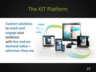 The KIT Platform

Custom solutions
to reach and
engage your
audience
with live and on-
demand video –
wherever they are



                                23
 