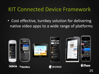 KIT Connected Device Framework
• Cost effective, turnkey solution for delivering
 native video apps to a wide range of platforms




                                               25
 