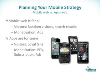 Planning Your Mobile Strategy
               Mobile web vs. Apps web

Mobile web is for all
 – Visitors: Random visitors, search results
 – Monetization: Ads
Apps are for some
 – Visitors: Loyal fans
 – Monetization: PPV,
   Subscription, Ads
 