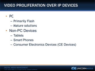 VIDEO PROLIFERATION OVER IP DEVICES

   • PC
            – Primarily Flash
            – Mature solutions
   • Non-PC Devices
            – Tablets
            – Smart Phones
            – Consumer Electronics Devices (CE Devices)




DIGITAL MEDIA MANAGEMENT
© 2011 Unicorn Media, Inc. All rights reserved. Company Confidential.
 