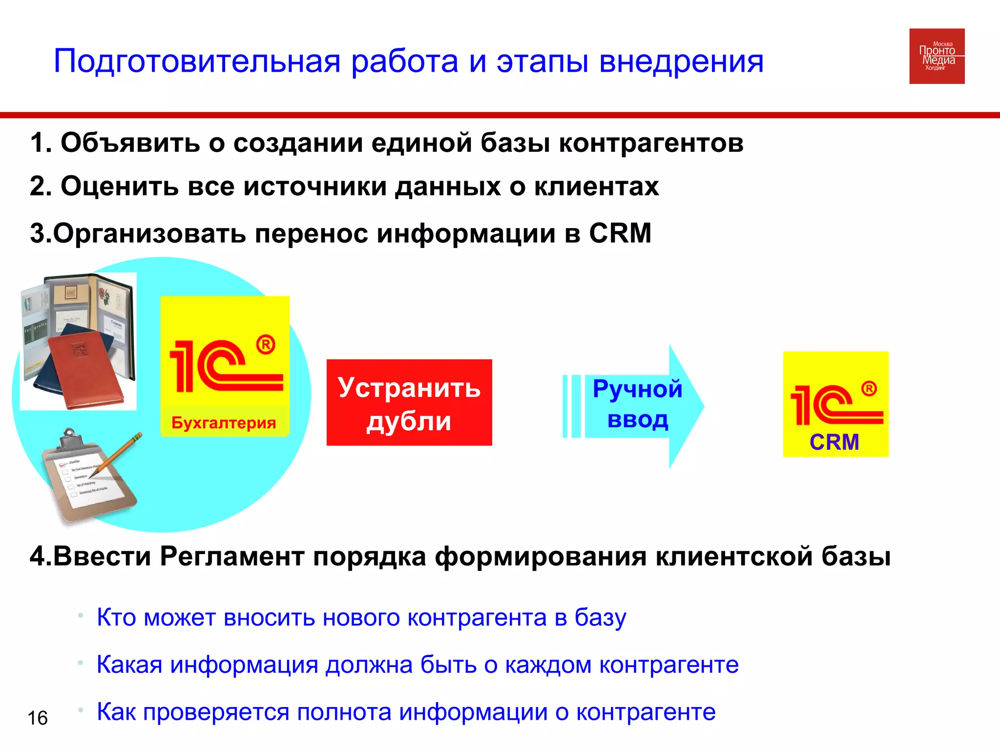 Подготовительная работа и этапы внедрения 2. Оценить все источники данных о клиентах 1 . Объявить о создании единой базы контрагентов 3.Организовать перенос информации в  CRM Устранить дубли 4.Ввести Регламент порядка формирования клиентской базы Какая информация должна быть о каждом контрагенте Кто может вносить нового контрагента в базу Как проверяется полнота информации о контрагенте Бухгалтерия CRM Ручной ввод 