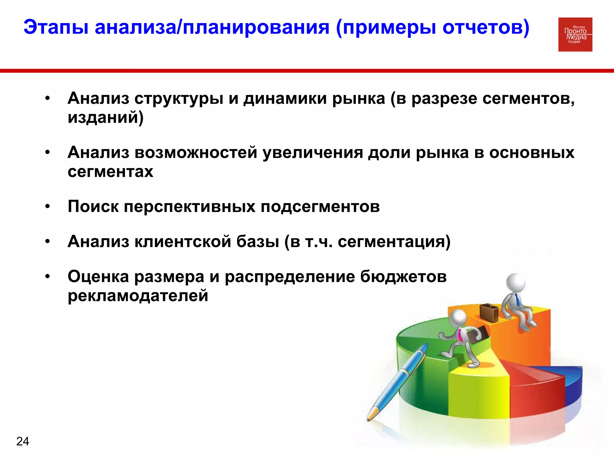 Этапы анализа/планирования (примеры отчетов) Анализ структуры и динамики рынка (в разрезе сегментов, изданий) Анализ возможностей увеличения доли рынка в основных сегментах Поиск перспективных подсегментов  Анализ клиентской базы (в т.ч. сегментация)  Оценка размера и распределение бюджетов рекламодателей 