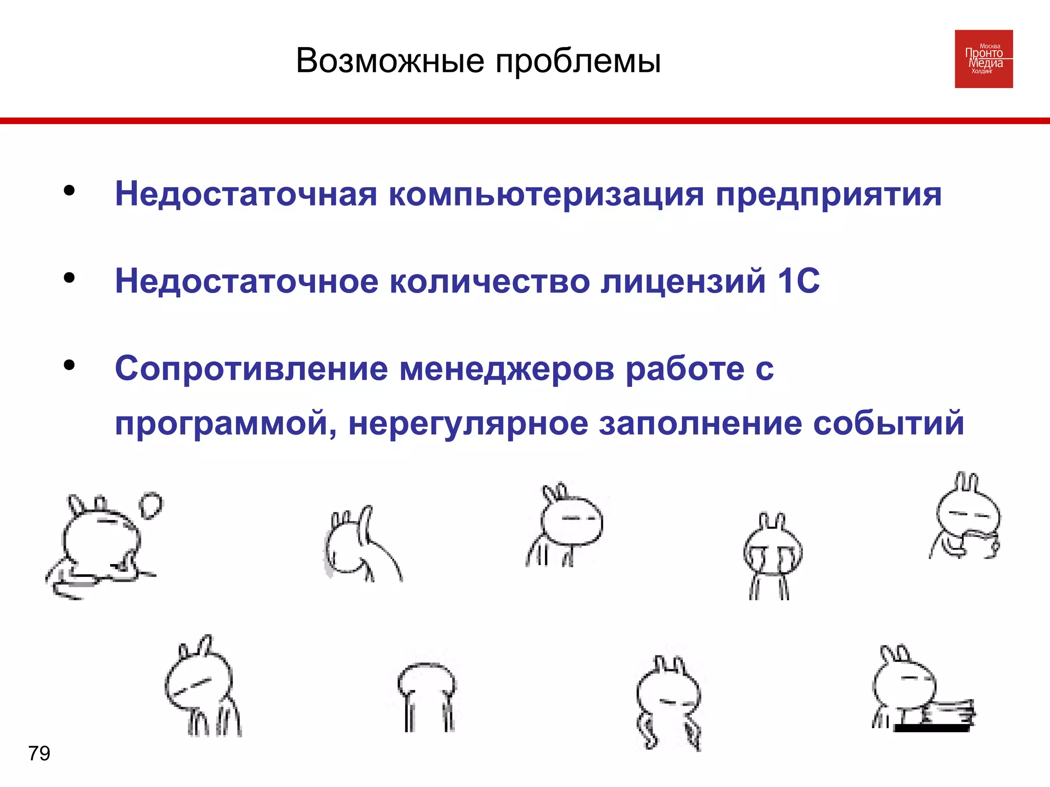 Недостаточная компьютеризация предприятия Недостаточное количество лицензий 1С Сопротивление менеджеров работе с  программой, нерегулярное заполнение событий  Возможные проблемы  