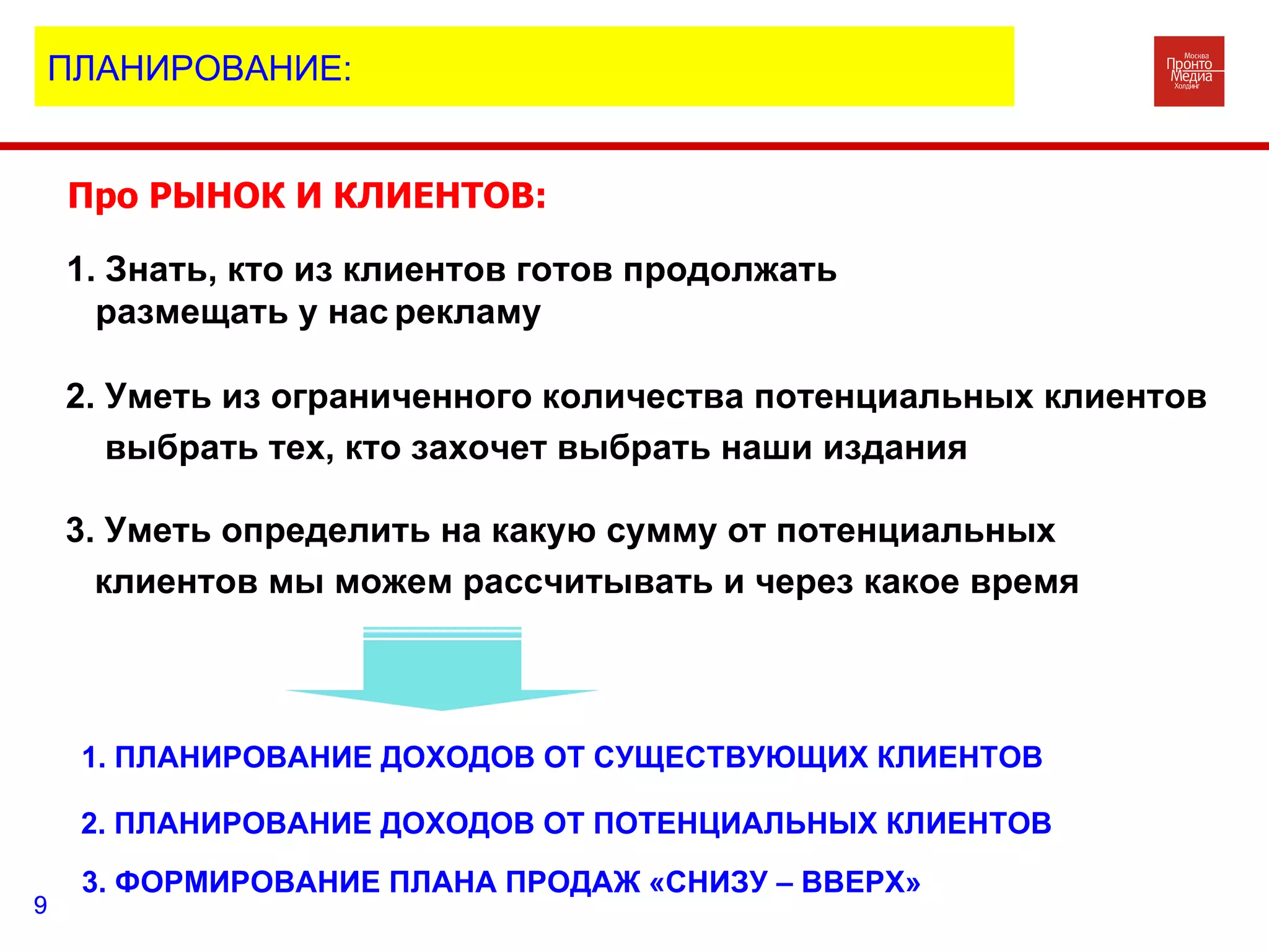 Про РЫНОК И КЛИЕНТОВ: 1. Знать, кто из клиентов готов продолжать  размещать у нас   рекламу 2. Уметь из ограниченного количества потенциальных клиентов выбрать тех, кто захочет выбрать наши издания  3. Уметь определить на какую сумму от потенциальных  клиентов мы можем рассчитывать и через какое время 1. ПЛАНИРОВАНИЕ ДОХОДОВ ОТ СУЩЕСТВУЮЩИХ КЛИЕНТОВ 2. ПЛАНИРОВАНИЕ ДОХОДОВ ОТ ПОТЕНЦИАЛЬНЫХ КЛИЕНТОВ 3. ФОРМИРОВАНИЕ ПЛАНА ПРОДАЖ «СНИЗУ – ВВЕРХ»  ПЛАНИРОВАНИЕ: 