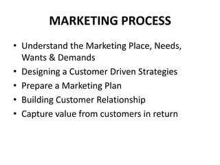 MARKETING PROCESS
• Understand the Marketing Place, Needs,
  Wants & Demands
• Designing a Customer Driven Strategies
• Prepare a Marketing Plan
• Building Customer Relationship
• Capture value from customers in return
 