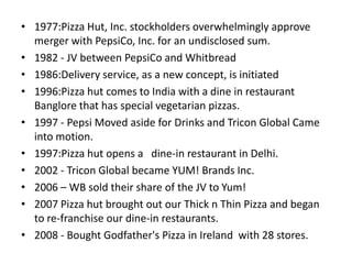 • 1977:Pizza Hut, Inc. stockholders overwhelmingly approve
  merger with PepsiCo, Inc. for an undisclosed sum.
• 1982 - JV between PepsiCo and Whitbread
• 1986:Delivery service, as a new concept, is initiated
• 1996:Pizza hut comes to India with a dine in restaurant
  Banglore that has special vegetarian pizzas.
• 1997 - Pepsi Moved aside for Drinks and Tricon Global Came
  into motion.
• 1997:Pizza hut opens a dine-in restaurant in Delhi.
• 2002 - Tricon Global became YUM! Brands Inc.
• 2006 – WB sold their share of the JV to Yum!
• 2007 Pizza hut brought out our Thick n Thin Pizza and began
  to re-franchise our dine-in restaurants.
• 2008 - Bought Godfather's Pizza in Ireland with 28 stores.
 