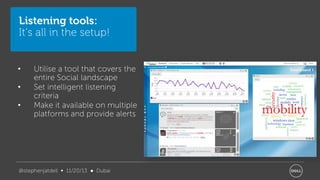 Listening tools:
It’s all in the setup!

•
•
•

Utilise a tool that covers the
entire Social landscape
Set intelligent listening
criteria
Make it available on multiple
platforms and provide alerts

@stephenjatdell ∞ 11/20/13 ● Dubai

 