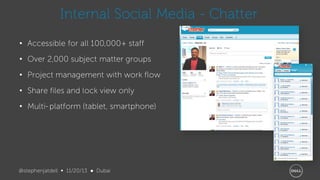 Internal Social Media - Chatter
• Accessible for all 100,000+ staff
• Over 2,000 subject matter groups
• Project management with work flow
• Share files and lock view only
• Multi- platform (tablet, smartphone)

@stephenjatdell ∞ 11/20/13 ● Dubai

 