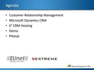 AgendaCustomer Relationship ManagementMicrosoft Dynamics CRME2 CRM HostingDemoPitanja