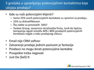 5 grešaka u upravljanju potencijalnim kontaktima koje ubijaju prodaju?Gde su naši potencijalni klijenti?Samo 25% novih potencijalnih kontakata su spremni za prodaju.25% su diskvalifikovani. Šta radite sa preostalih  50%?Yankee Group, nezavisna istraživačka firma, tvrdi da tipična kompanija izgubi između 40% i 80% prodajnih potencijalnih kontakata negde u toku prodajnog ciklusa.Email nije CRM softverZatvaranje prodaje jednim pozivom je fantazijaProdavci ne mogu birati potencijalne kontakteProspekte treba negovatiJust Do (Sell) It