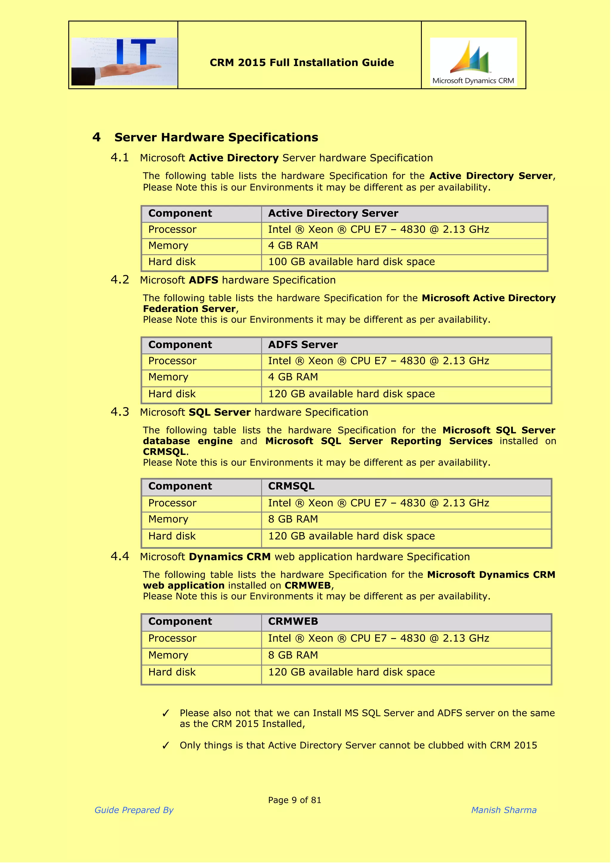  
CRM 2015 Full Installation Guide
 
4 Server Hardware Specifications
4.1 Microsoft ​Active Directory​Server hardware Specification
The following table lists the hardware Specification for the ​Active Directory Server​,
Please Note this is our Environments it may be different as per availability​.
Component Active Directory Server
Processor Intel ® Xeon ® CPU E7 – 4830 @ 2.13 GHz
Memory 4 GB RAM
Hard disk 100 GB available hard disk space
4.2 Microsoft ​ADFS​hardware Specification
The following table lists the hardware Specification for the ​Microsoft Active Directory
Federation Server​,
Please Note this is our Environments it may be different as per availability.
Component ADFS Server
Processor Intel ® Xeon ® CPU E7 – 4830 @ 2.13 GHz
Memory 4 GB RAM
Hard disk 120 GB available hard disk space
4.3 Microsoft ​SQL Server​hardware Specification
The following table lists the hardware Specification for the ​Microsoft SQL Server
database engine and ​Microsoft SQL Server Reporting Services installed on
CRMSQL​.
Please Note this is our Environments it may be different as per availability.
Component CRMSQL
Processor Intel ® Xeon ® CPU E7 – 4830 @ 2.13 GHz
Memory 8 GB RAM
Hard disk 120 GB available hard disk space
4.4 Microsoft ​Dynamics CRM​web application hardware Specification
The following table lists the hardware Specification for the ​Microsoft Dynamics CRM
web application​installed on ​CRMWEB​,
Please Note this is our Environments it may be different as per availability.
Component CRMWEB
Processor Intel ® Xeon ® CPU E7 – 4830 @ 2.13 GHz
Memory 8 GB RAM
Hard disk 120 GB available hard disk space
✓ Please also not that we can Install MS SQL Server and ADFS server on the same
as the CRM 2015 Installed,
✓ Only things is that Active Directory Server cannot be clubbed with CRM 2015
Page 9 of 81
Guide Prepared By Manish Sharma
 