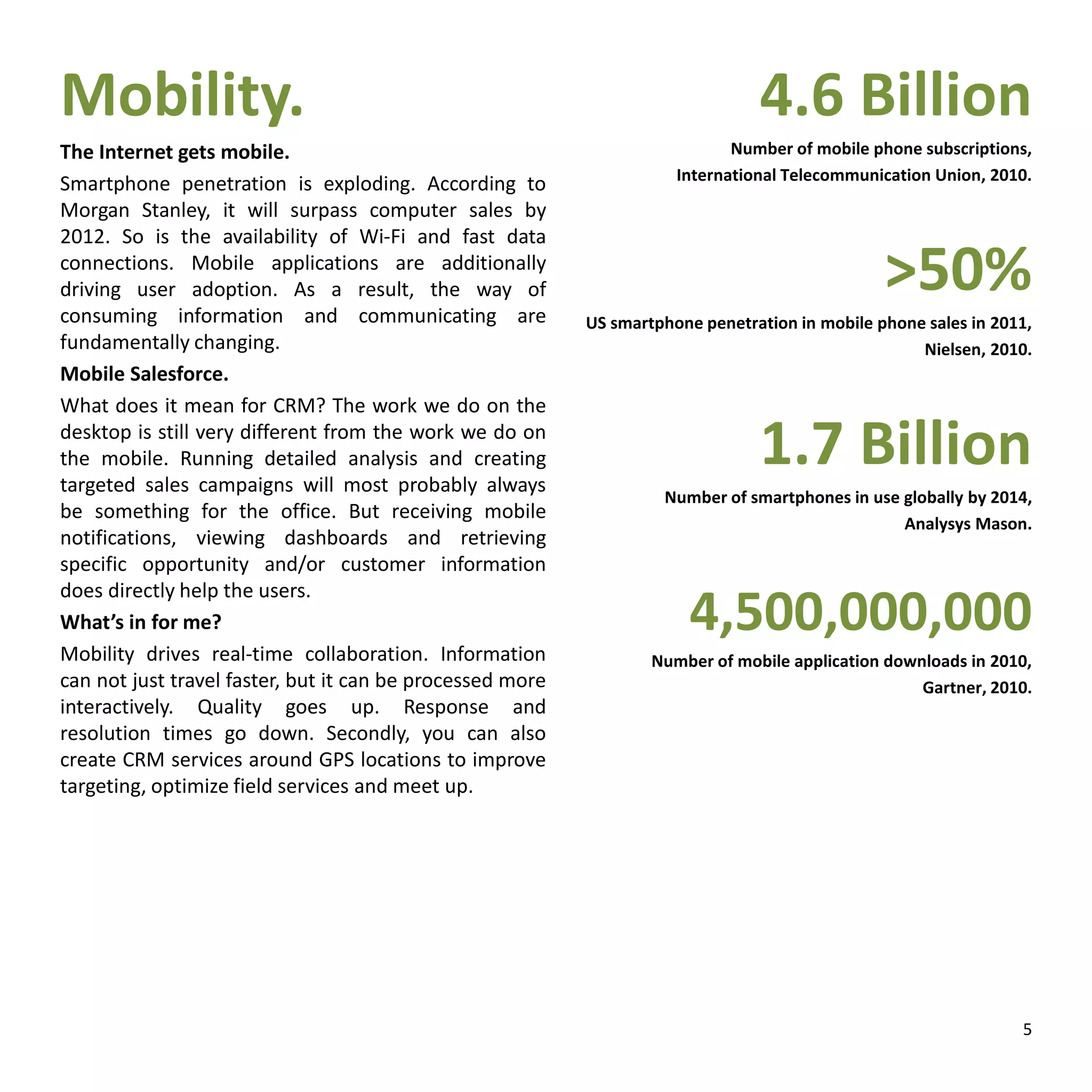 Mobility.
The Internet gets mobile.
Smartphone penetration is exploding. According to
Morgan Stanley, it will surpass computer sales by
2012. So is the availability of Wi-Fi and fast data
connections. Mobile applications are additionally
driving user adoption. As a result, the way of
consuming information and communicating are
fundamentally changing.
Mobile Salesforce.
What does it mean for CRM? The work we do on the
desktop is still very different from the work we do on
the mobile. Running detailed analysis and creating
targeted sales campaigns will most probably always
be something for the office. But receiving mobile
notifications, viewing dashboards and retrieving
specific opportunity and/or customer information
does directly help the users.
What’s in for me?
Mobility drives real-time collaboration. Information
can not just travel faster, but it can be processed more
interactively. Quality goes up. Response and
resolution times go down. Secondly, you can also
create CRM services around GPS locations to improve
targeting, optimize field services and meet up.
4.6 Billion
Number of mobile phone subscriptions,
International Telecommunication Union, 2010.
>50%
US smartphone penetration in mobile phone sales in 2011,
Nielsen, 2010.
1.7 Billion
Number of smartphones in use globally by 2014,
Analysys Mason.
4,500,000,000
Number of mobile application downloads in 2010,
Gartner, 2010.
5
 