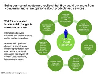 Being connected, customers realized that they could ask more from  companies and share opinions about products and services Web 2.0 stimulated fundamental changes in consumer behavior Interactions between customer and brands starting earlier and never ending New behavior patterns demand a new strategy, better segmentation, new channels and targeted messages and review of current customer facing business processes 