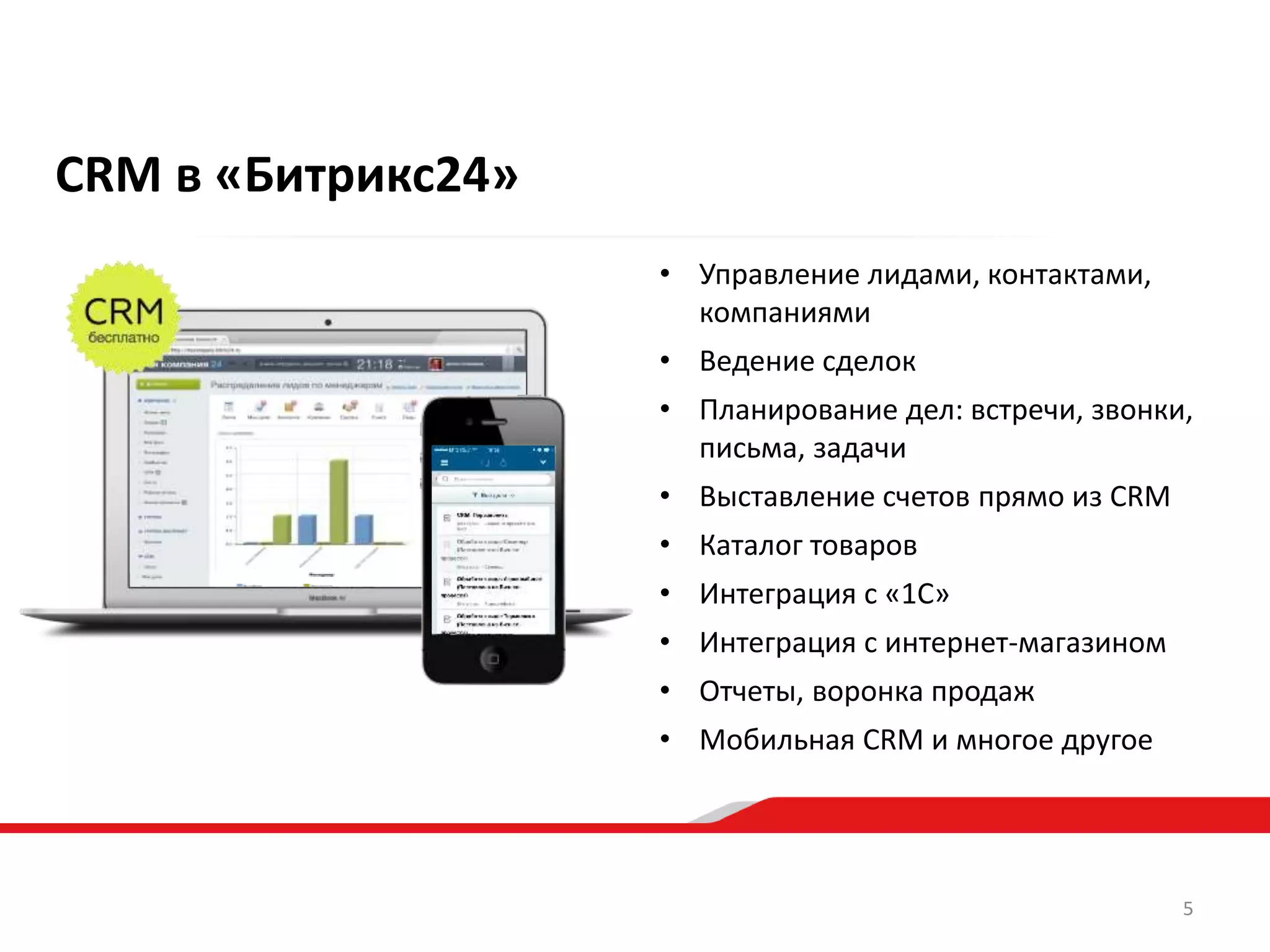 CRM в «Битрикс24»
• Управление лидами, контактами,
компаниями
• Ведение сделок
• Планирование дел: встречи, звонки,
письма, задачи
• Выставление счетов прямо из CRM
• Каталог товаров
• Интеграция с «1С»
• Интеграция с интернет-магазином
• Отчеты, воронка продаж
• Мобильная CRM и многое другое
5
 