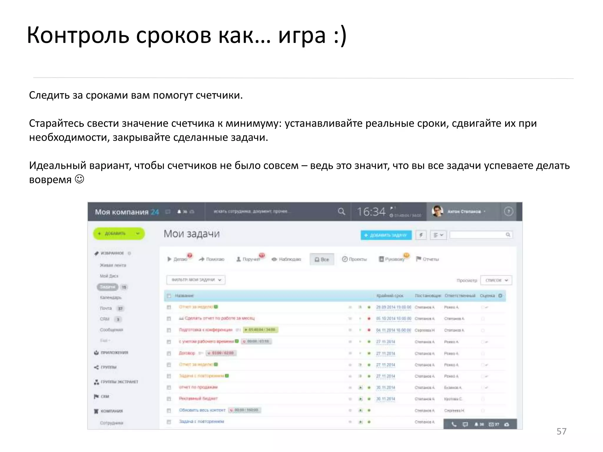 Следить за сроками вам помогут счетчики.
Старайтесь свести значение счетчика к минимуму: устанавливайте реальные сроки, сдвигайте их при
необходимости, закрывайте сделанные задачи.
Идеальный вариант, чтобы счетчиков не было совсем – ведь это значит, что вы все задачи успеваете делать
вовремя 
Контроль сроков как… игра :)
57
 