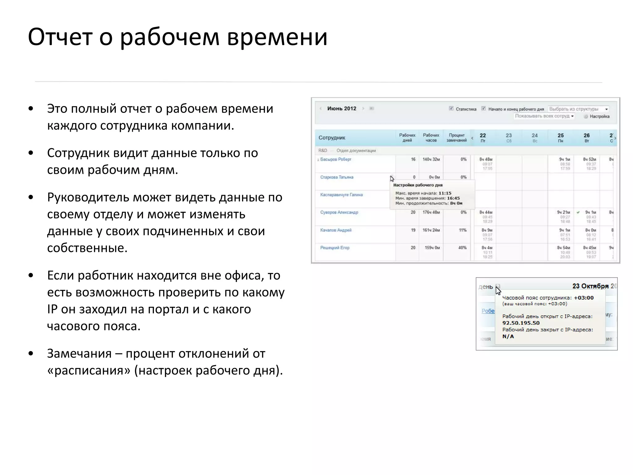 • Это полный отчет о рабочем времени
каждого сотрудника компании.
• Сотрудник видит данные только по
своим рабочим дням.
• Руководитель может видеть данные по
своему отделу и может изменять
данные у своих подчиненных и свои
собственные.
• Если работник находится вне офиса, то
есть возможность проверить по какому
IP он заходил на портал и с какого
часового пояса.
• Замечания – процент отклонений от
«расписания» (настроек рабочего дня).
Отчет о рабочем времени
 