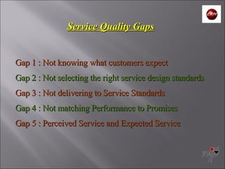 Gap 1 : Not knowing what customers expect  Gap 2 : Not selecting the right service design standards Gap 3 : Not delivering to Service Standards Gap 4 : Not matching Performance to Promises  Gap 5 : Perceived Service and Expected Service   Service Quality Gaps 