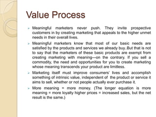 Value of CustomerThe value the customer receives	The value the customer receives derives from the total experience they have with both the core product and the product surround. In fact, customers are not buying goods or services, but specific benefits, which solve problems