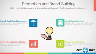 Promotion andBrand-Building
Event & Road-Show Management
Project manage Brand-Building Events,
Road-Shows, Dealer Meets
POS Product & Collateral Display
Monitor if products and collateral are
adequately placed and visible
Post Default Collections
Manage Days past due (DPD) based
collections, Default Notices, and Messages
Merchandise Distribution
Track the distribution of promotional material
to Dealers
Build product & company image and reputation with dealers and end-customers
 