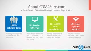AboutCRM4Sure.com
A Fast-Growth Execution-Making it Happen Organization
Catering to Companies
Across Sectors and
Functions
10000+
Satisfied Users
Serving companies of
all sizes as per their
needs and budgets
10+ to 500+
User
Installations
Industry-Focused
Solutions with Deep
Domain Knowledge
12+ Sector-
Specific
Solutions
Wide-Range of Modules
and Features to
Address all your front-
end needs
18+ Product
Offerings
 