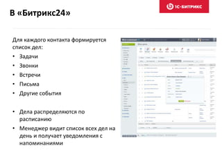 В «Битрикс24»
Для каждого контакта формируется
список дел:
• Задачи
• Звонки
• Встречи
• Письма
• Другие события
• Дела распределяются по
расписанию
• Менеджер видит список всех дел на
день и получает уведомления с
напоминаниями
 