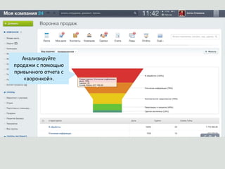 Анализируйте
продажи с помощью
привычного отчета с
«воронкой».
 