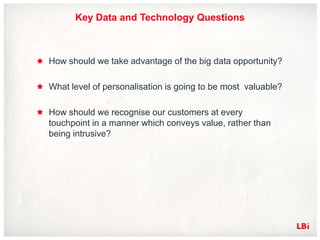 Key Data and Technology Questions



How should we take advantage of the big data opportunity?

What level of personalisation is going to be most valuable?

How should we recognise our customers at every
touchpoint in a manner which conveys value, rather than
being intrusive?
 