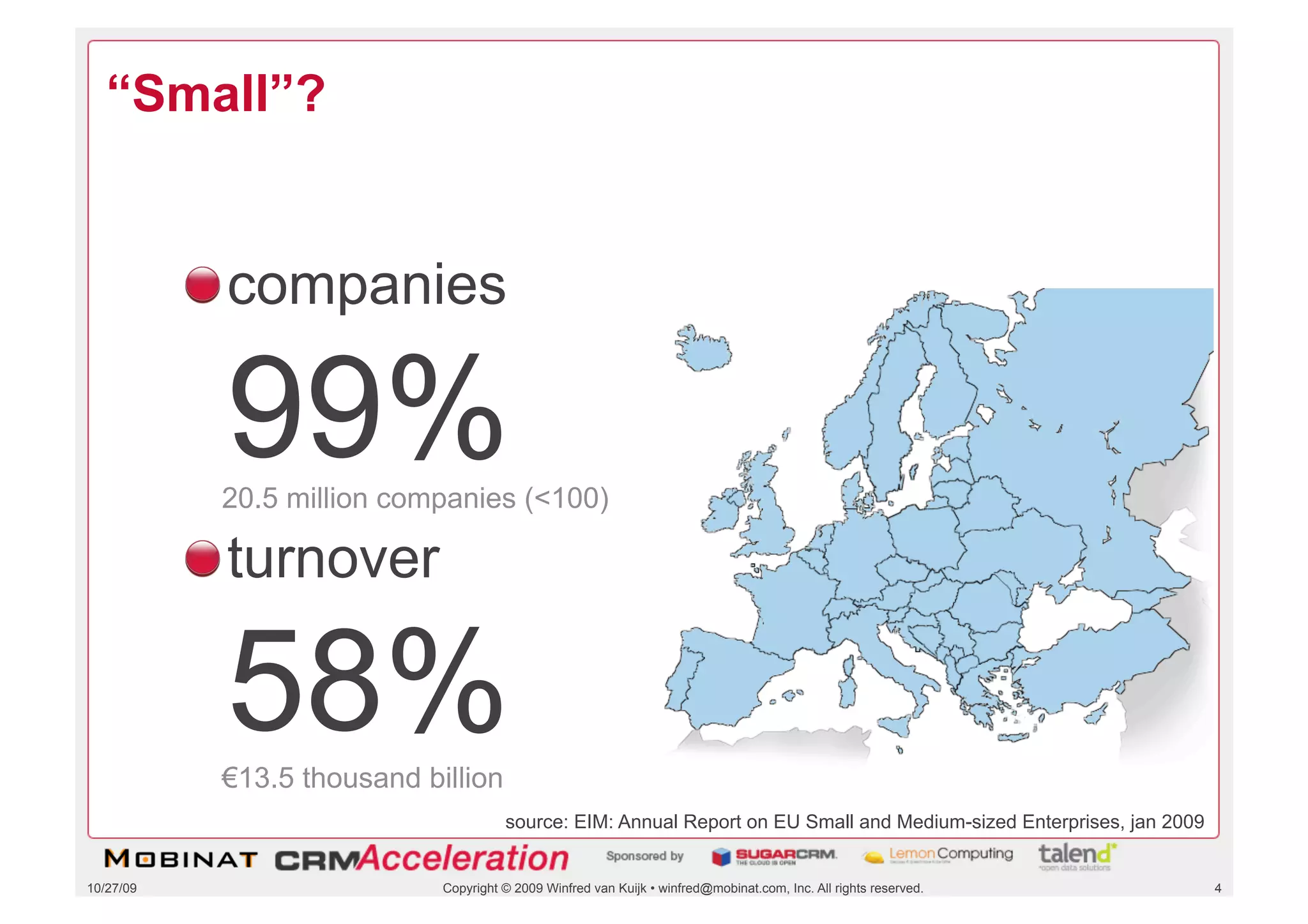 “Small”?


           !  companies

            99%
            20.5 million companies (<100)

           !  turnover

            58%
            €13.5 thousand billion
                                       source: EIM: Annual Report on EU Small and Medium-sized Enterprises, jan 2009


10/27/09                     Copyright © 2009 Winfred van Kuijk • winfred@mobinat.com, Inc. All rights reserved.       4
 