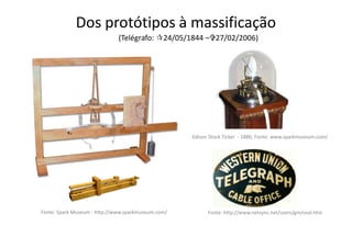 Dos protótipos à massificação
                              (Telégrafo:      24/05/1844 – 27/02/2006)




                                                      Edison Stock Ticker - 1880, Fonte: www.sparkmuseum.com/




Fonte: Spark Museum - http://www.sparkmuseum.com/           Fonte: http://www.netsync.net/users/gm/oval.htm
 