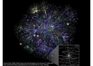 Source: Britt, (200&) Partial map of the Internet based on the January 15, 2005 data.
http://upload.wikimedia.org/wikipedia/commons/d/d2/Internet_map_1024.jpg
 