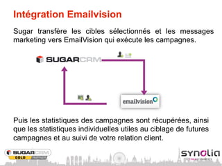 Intégration Emailvision
Sugar transfère les cibles sélectionnés et les messages
marketing vers EmailVision qui exécute les campagnes.




Puis les statistiques des campagnes sont récupérées, ainsi
que les statistiques individuelles utiles au ciblage de futures
campagnes et au suivi de votre relation client.

               ©2012 SugarCRM Inc., Emailvision and Synolia All rights reserved.
 