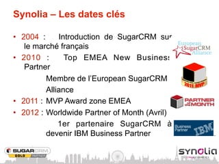 Synolia – Les dates clés

•  2004 :     Introduction de SugarCRM sur
    le marché français
•  2010 :       Top EMEA New Business
    Partner
          Membre de l’European SugarCRM
          Alliance
•  2011 : MVP Award zone EMEA
•  2012 : Worldwide Partner of Month (Avril)
              1er partenaire SugarCRM à
          devenir IBM Business Partner
 