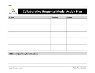 Date:	
  	
  



                                              Collaborative	
  Response	
  Model	
  Action	
  Plan	
  
	
  
                          	
  
Action	
                                                                Timeline	
     Notes	
  

	
                                                                      	
             	
  



	
                                                                      	
             	
  



	
                                                                      	
             	
  



	
                                                                      	
             	
  



	
                                                                      	
             	
  

	
  
Additional	
  Questions/Considerations	
  
	
  




	
  

Copyright	
  Jigsaw	
  Learning	
  2011	
                                                          Action	
  Plan	
  -­‐	
  Template
 