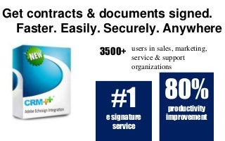 Get contracts & documents signed.
Faster. Easily. Securely. Anywhere
80%
productivity
improvement
#1
e signature
service
users in sales, marketing,
service & support
organizations
3500+
 